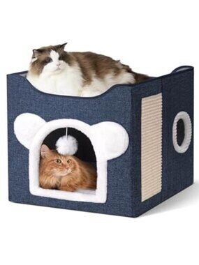 Large Cat House Indoor Cat Cave Covered Bed with Scratch Pad Fluffy Toy Hideaway